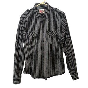 Vintage Red Mens Large Button Up Black Beige Stripe Shirt Epaulettes Pearl Snap